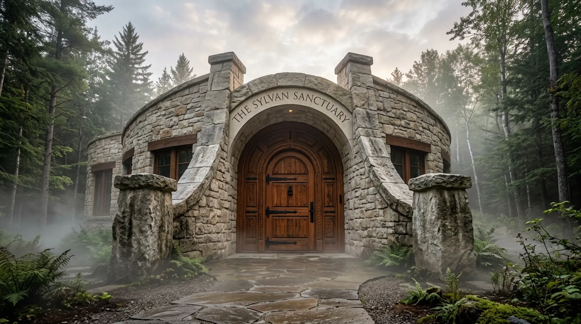 Stone arched entrance of The Sylvan Sanctuary in morning mist