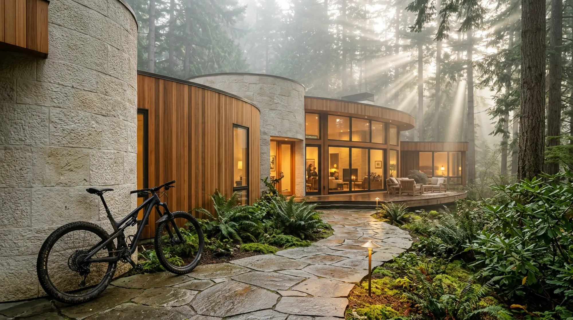 Curved cedar and stone facade