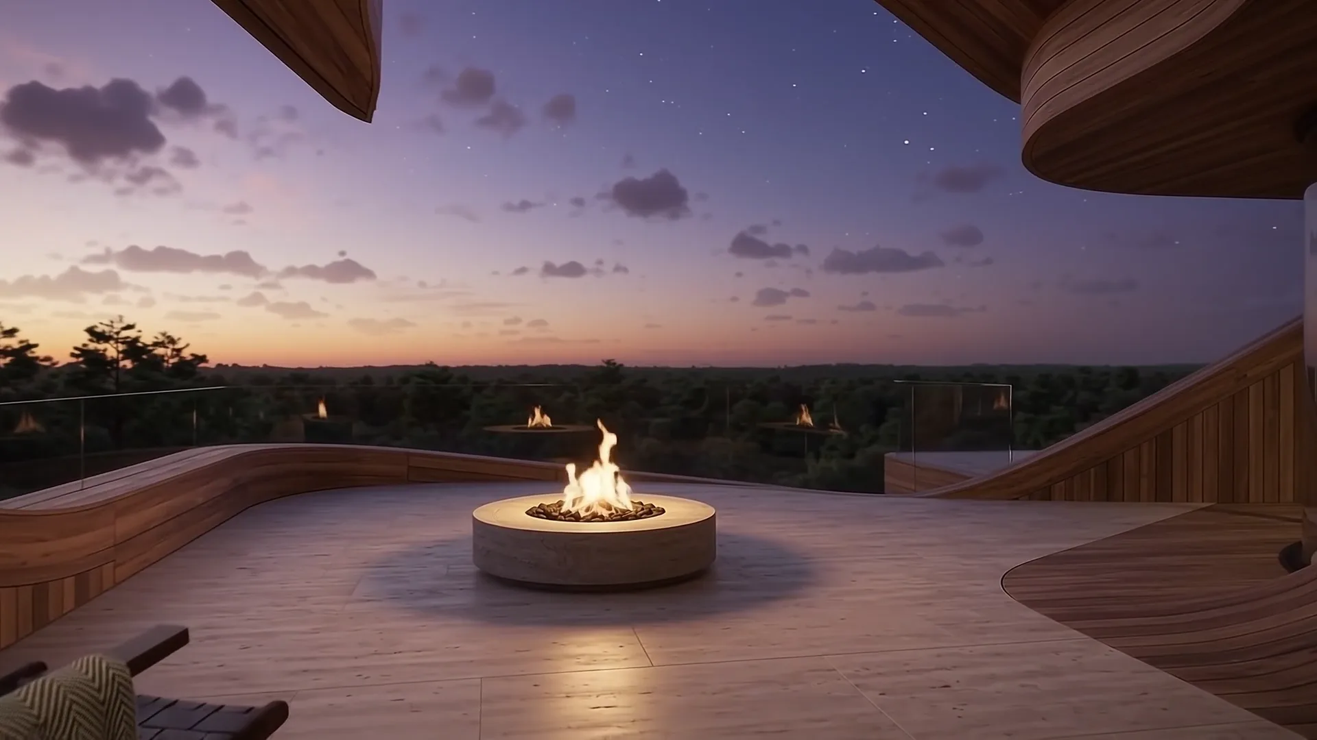 Curved wooden terrace with a fire pit at dusk