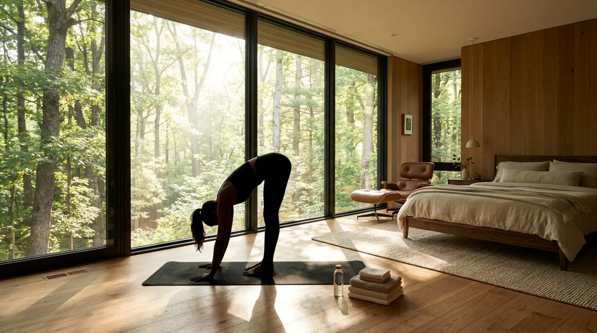 Bedroom with yoga mat facing the forest